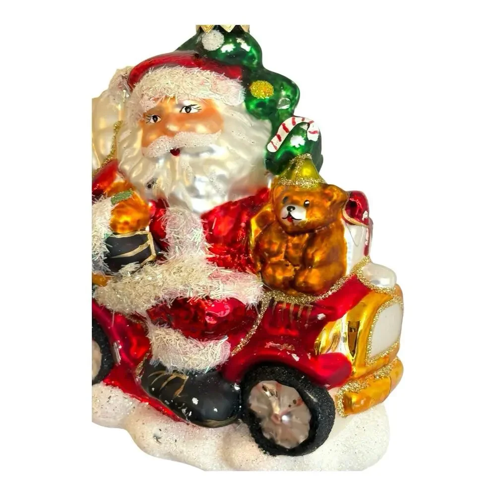 Lg Santa Riding Vintage Car Jalopy Glass Ornament w/Tree Teddy Bear‎ 5.5